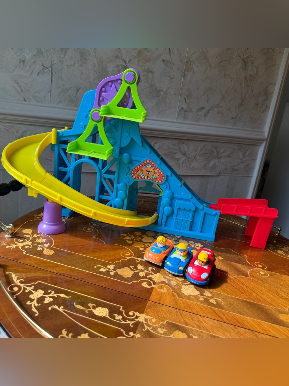 HTF Fisher Price Little People Blue Roller Coaster Set 2013 Plus 3 Wheelies Cars